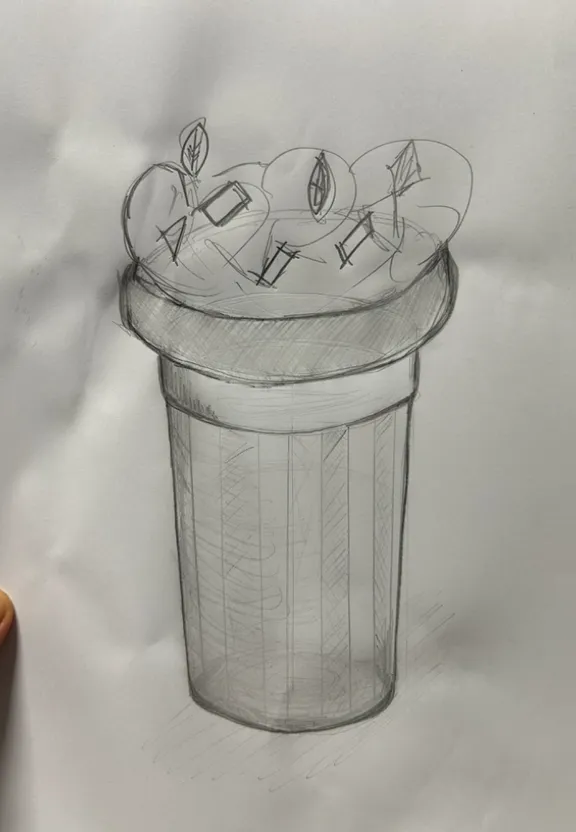 a pencil drawing of an apple in a trash can