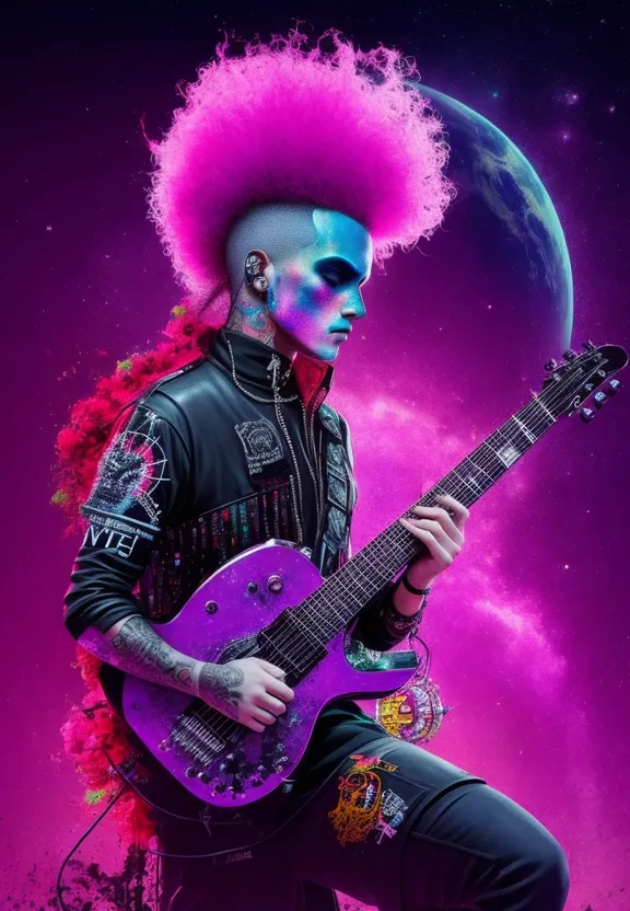 Man creating art in the cosmos, neon punk style