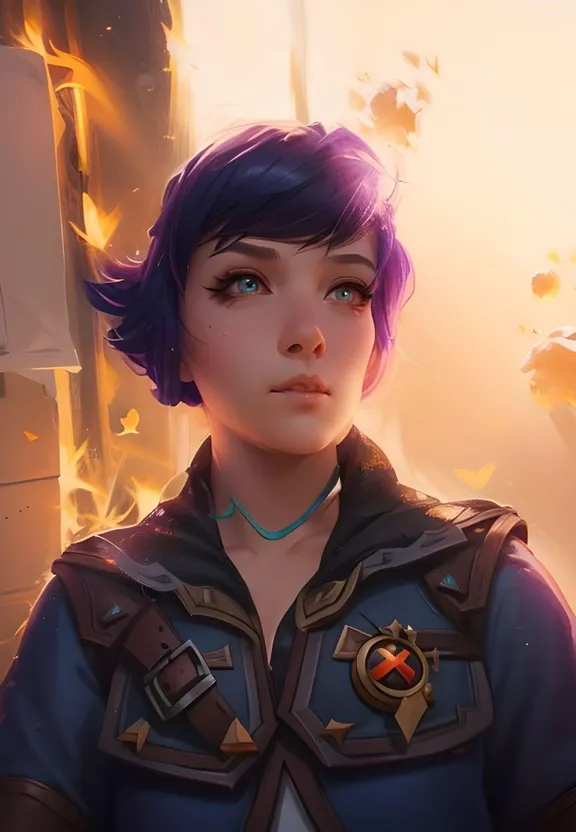 a woman with purple hair and a blue shirt