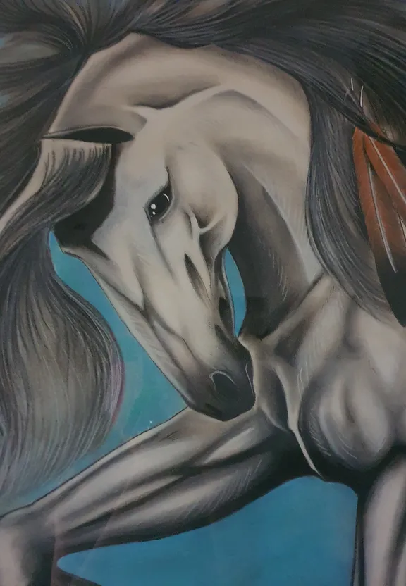 a painting of a white horse with long hair