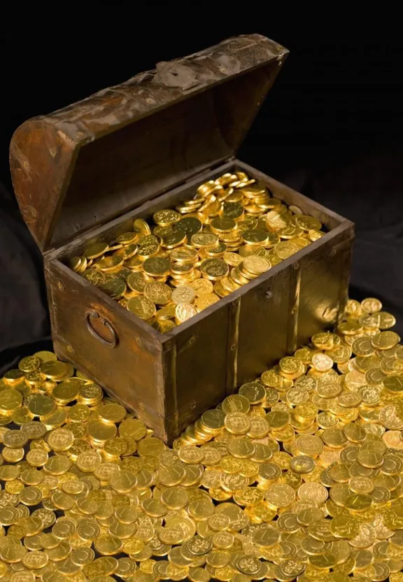 a chest full of gold coins sitting on top of a table