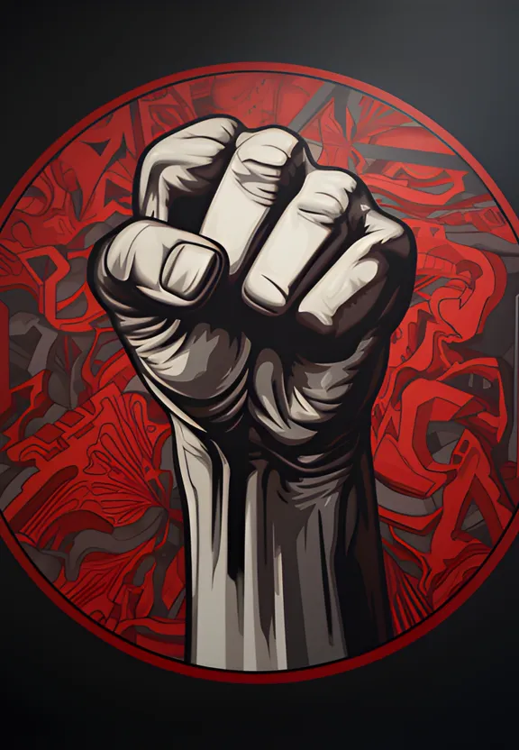 a painting of a fist in front of a red circle. the red circle turns to flames