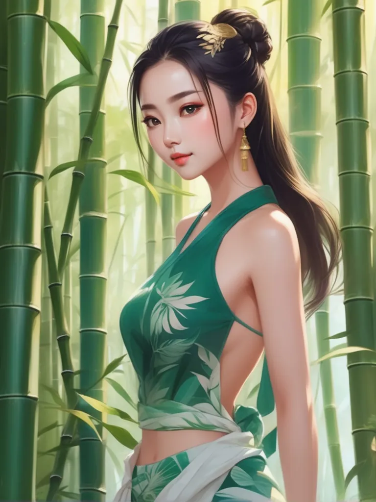 a painting of a woman standing in front of bamboo trees