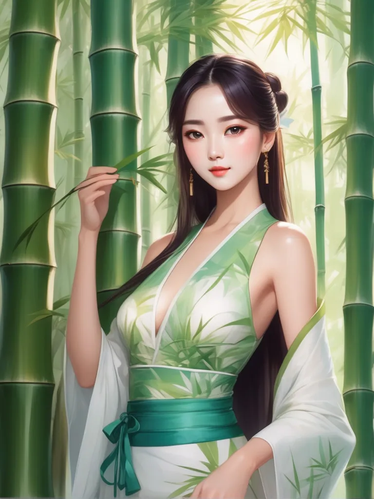 a painting of a woman in a green and white dress