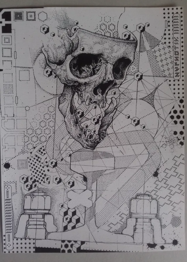 a black and white drawing of a skull. organism, art, font, pattern, illustration, poster, drawing, visual arts, painting, paper