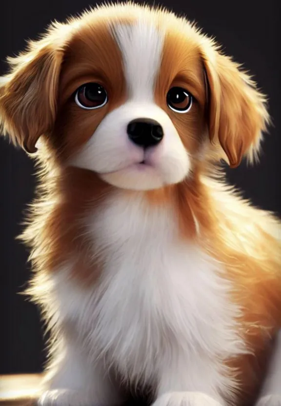 a small brown and white puppy is sitting on a table