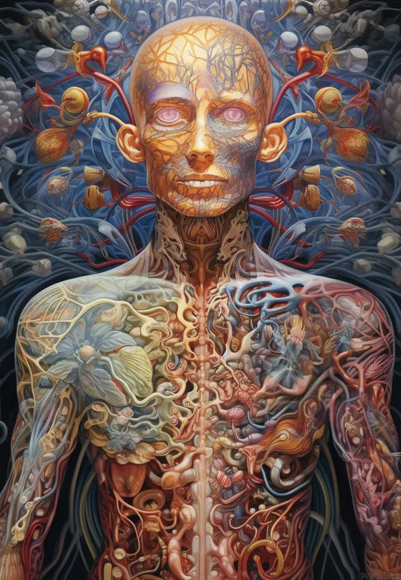 a painting of a man's body with many different organs