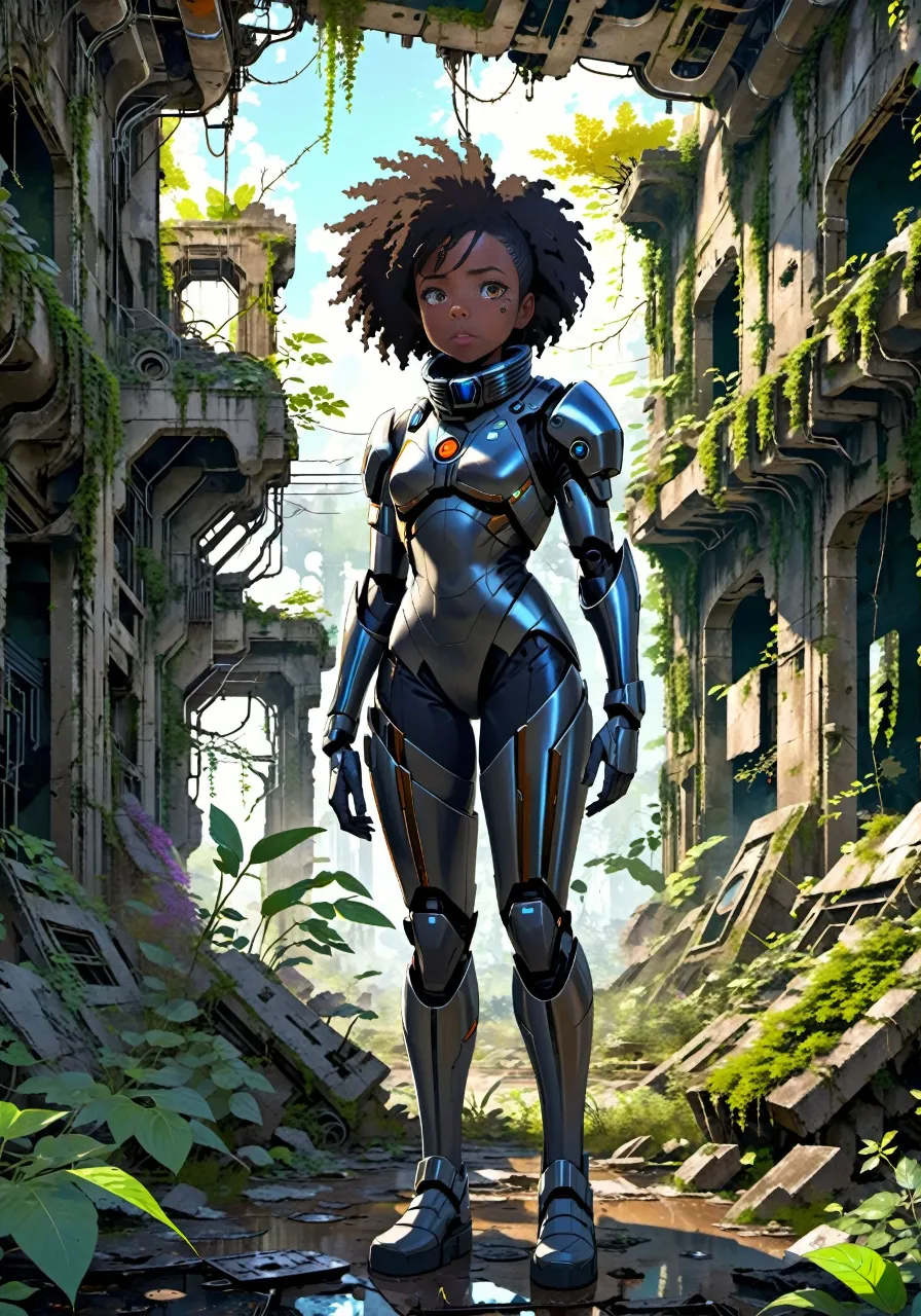 a woman in a futuristic suit standing in an alley