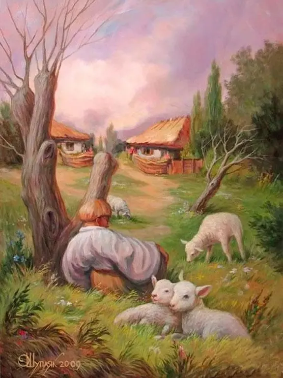 a painting of a man sitting in a field with sheep