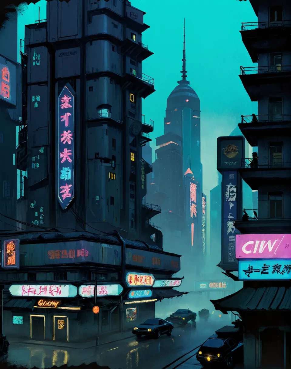 a painting of a city street at night