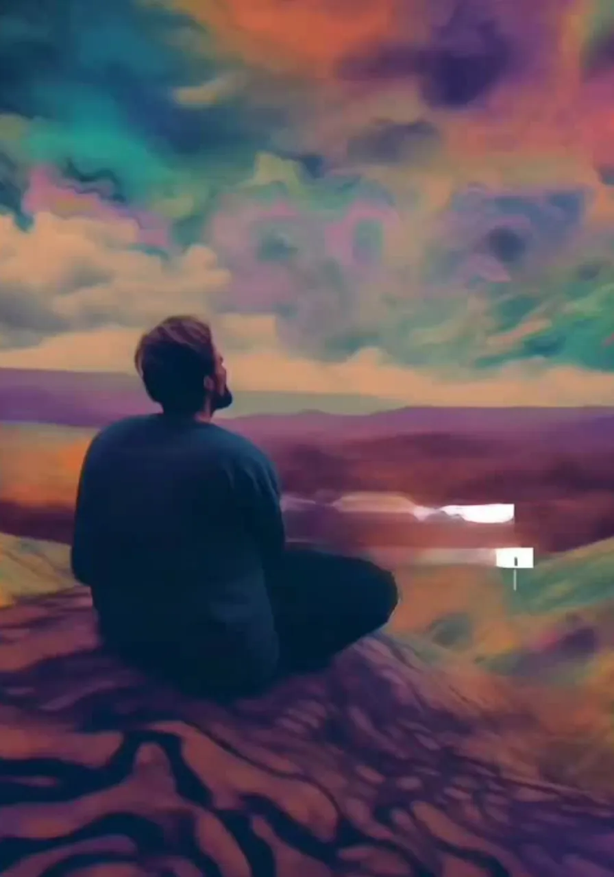 a man sitting on top of a hill under a colorful sky