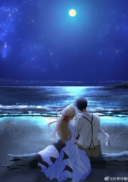 a man and a woman sitting on a beach under a full moon