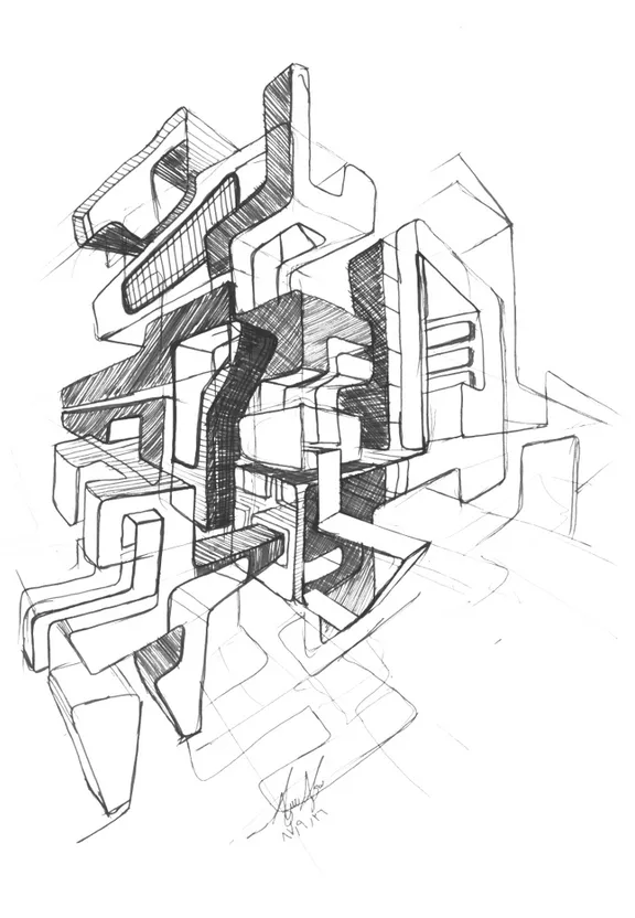 Convert this architectural x-ray to a perspective cut from the inside of a tower. Humans are present on the floors of the tower