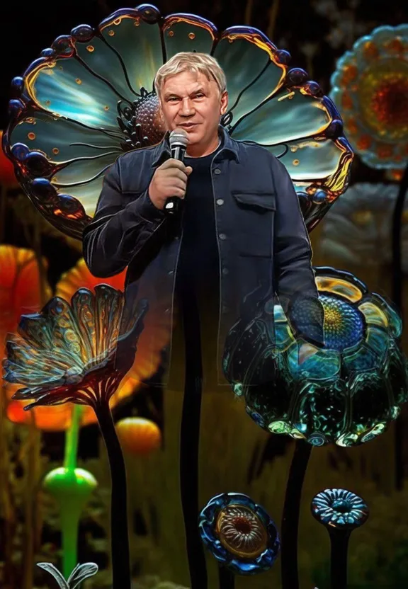 a man holding a microphone in front of a display of flowers