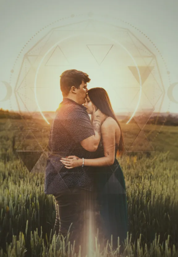 a man and a woman standing in a field
