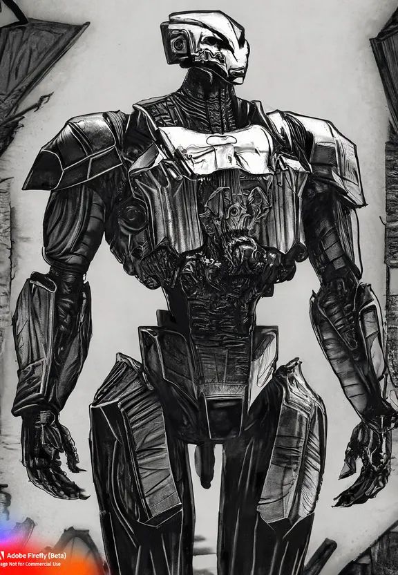 a black and white drawing of a robot