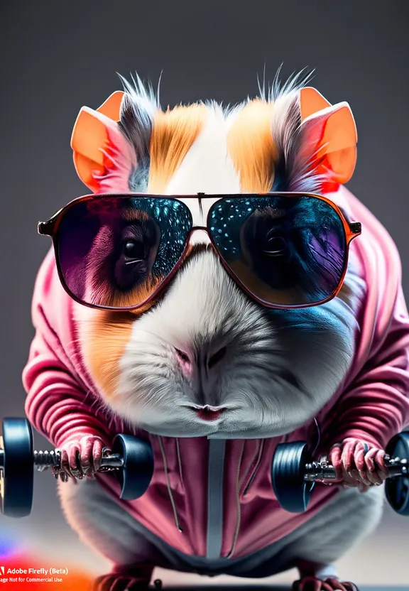 A hamster wearing sunglasses and a pink jacket at the gym. A cute guinea pig with sunglasses lifts weights at the gym