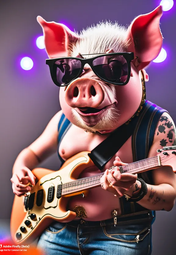 A Pig Wearing Sunglasses and Playing a Guitar. Retouch the image so the pig is clean Become a bodybuilding pig