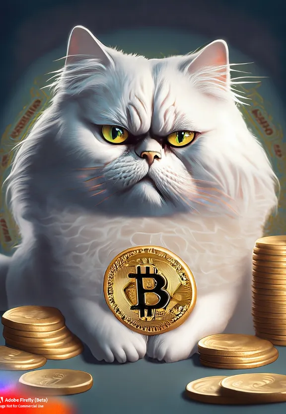 a white cat sitting next to a pile of gold coins