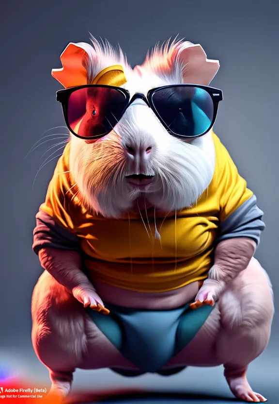 The guinea pig is wearing sportswear, lifting heavy weights, and wearing sunglasses, happy, animated cartoon, art