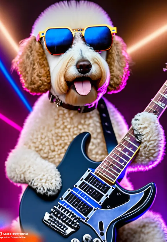 a dog wearing sunglasses and holding a guitar