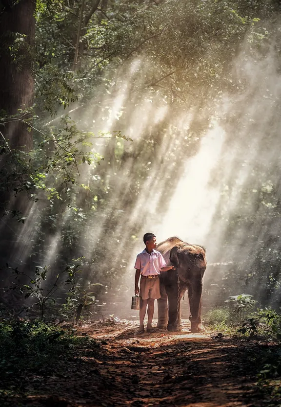 a man standing next to an elephant on a dirt road