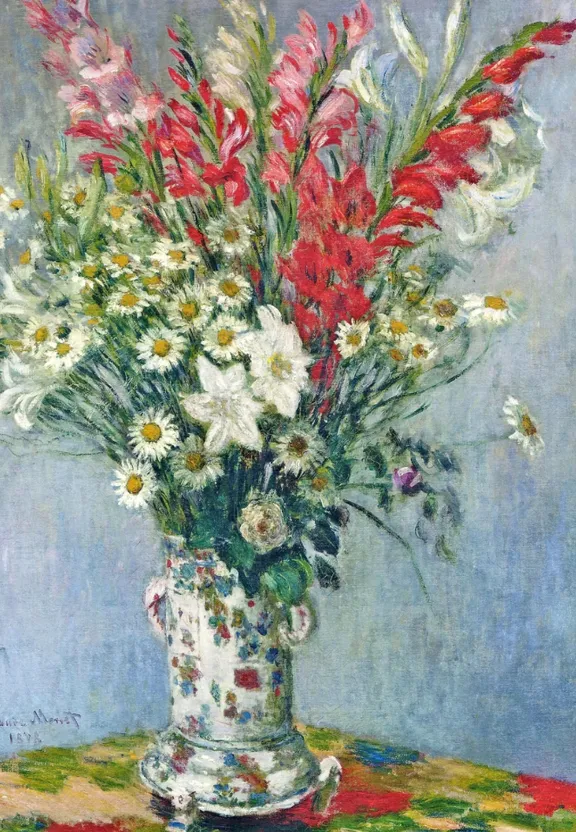 a painting of flowers in a vase on a table