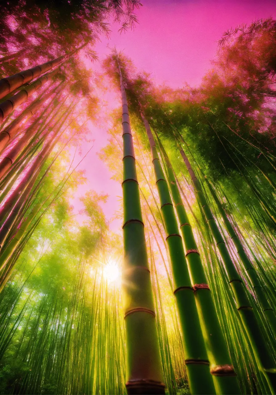 a tall bamboo tree with the sun shining through it