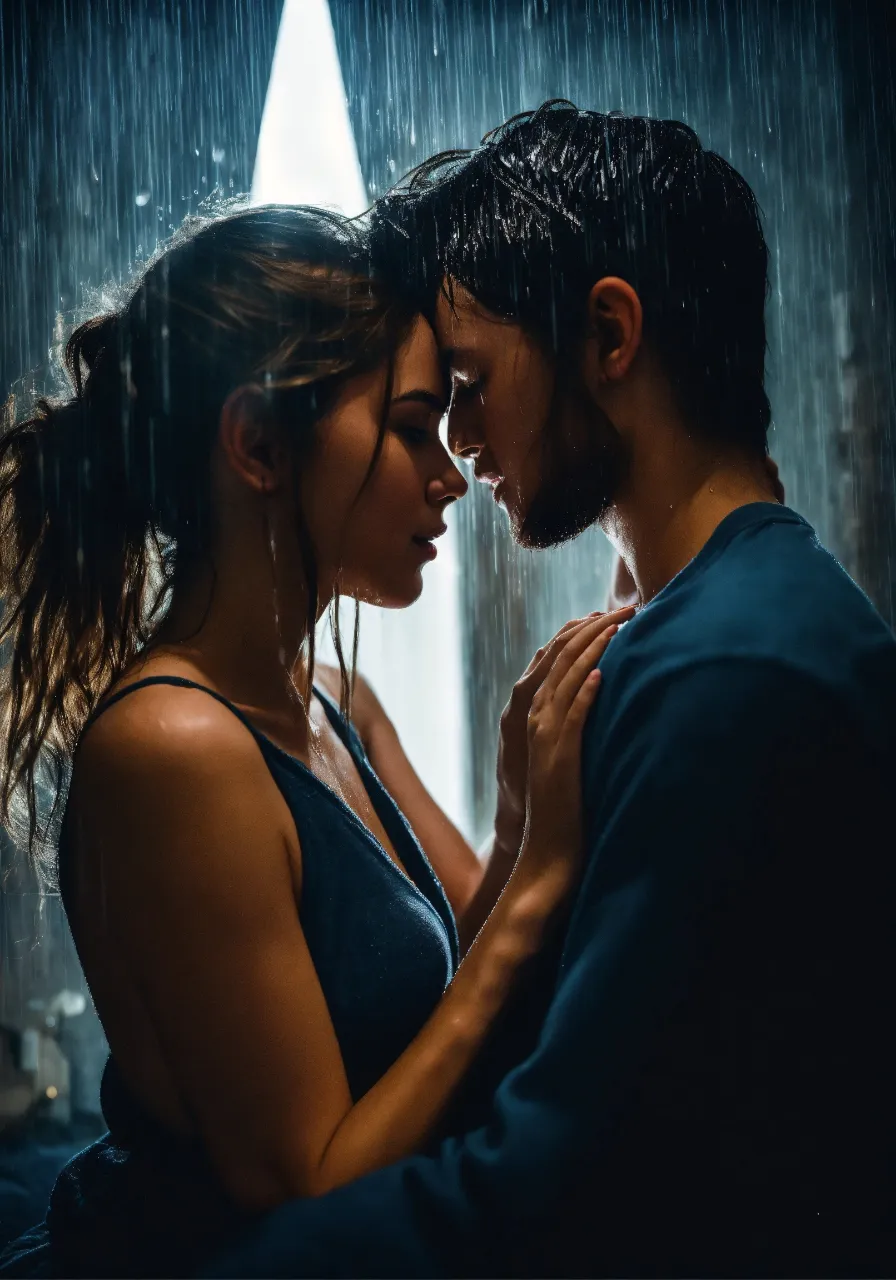 a man and a woman kissing in the rain 