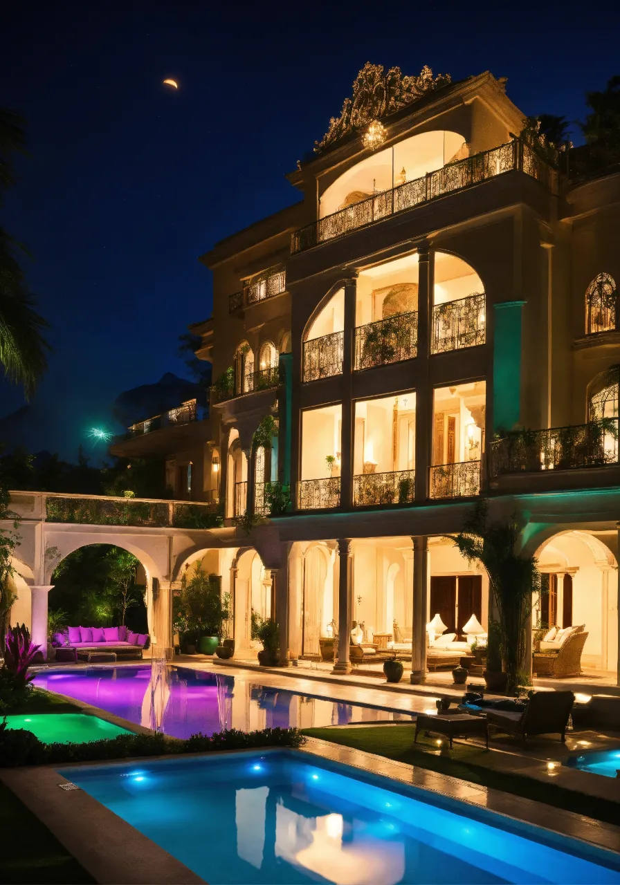 a large house with a pool in front of it