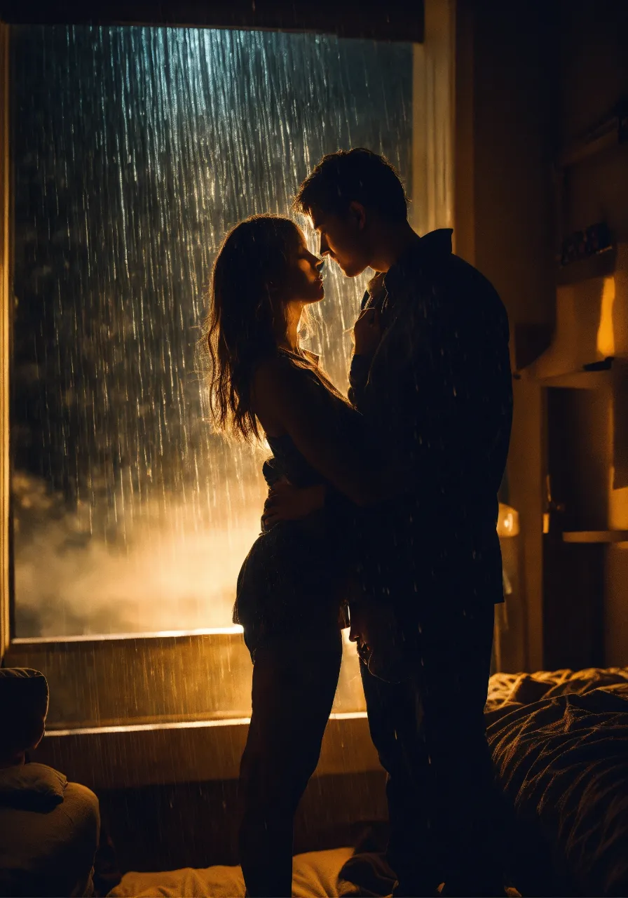 Romantic couple kissing in rain at night with city lights