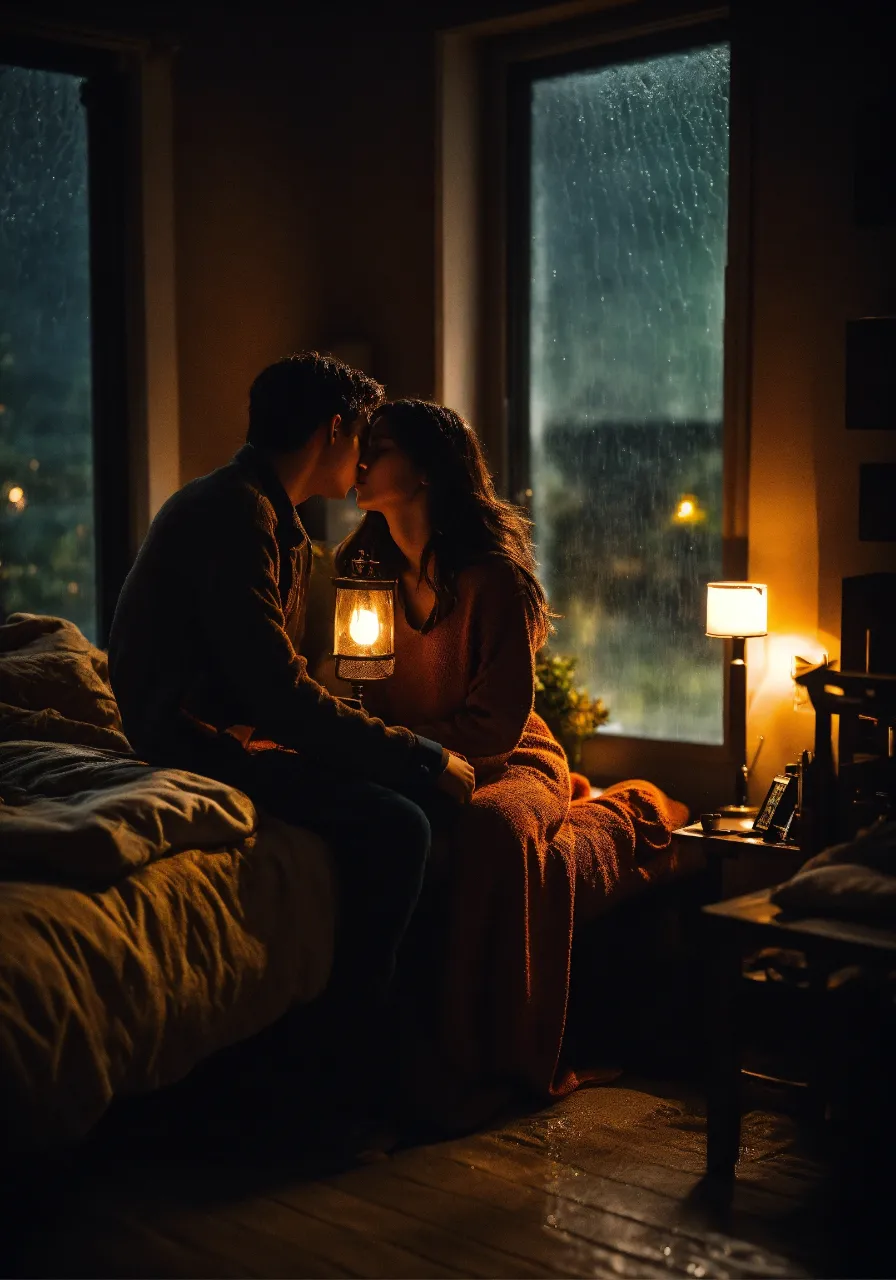 a man and a woman sitting on a bed in front of a window kissing, romantic 