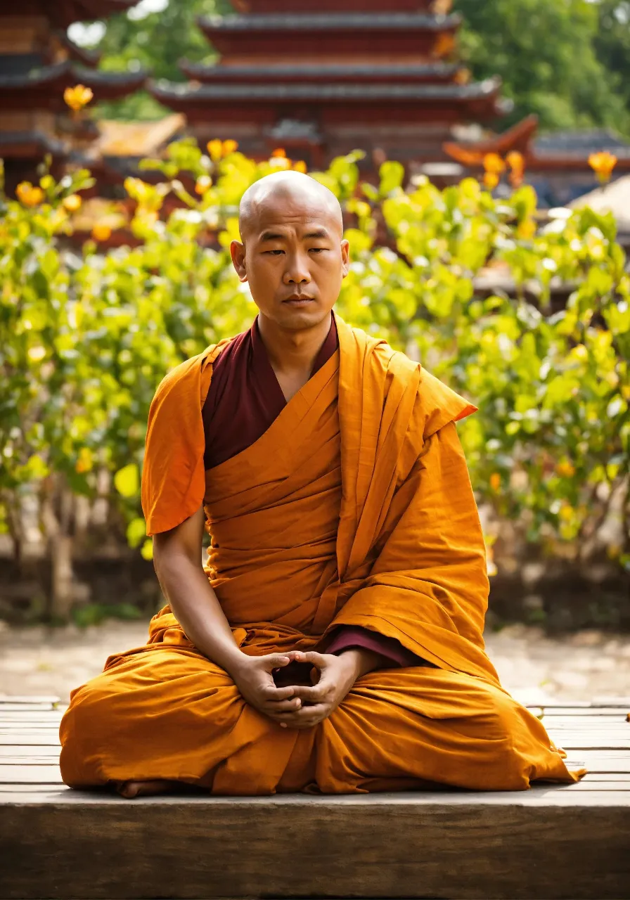 a man sitting in a meditation position in front of a building