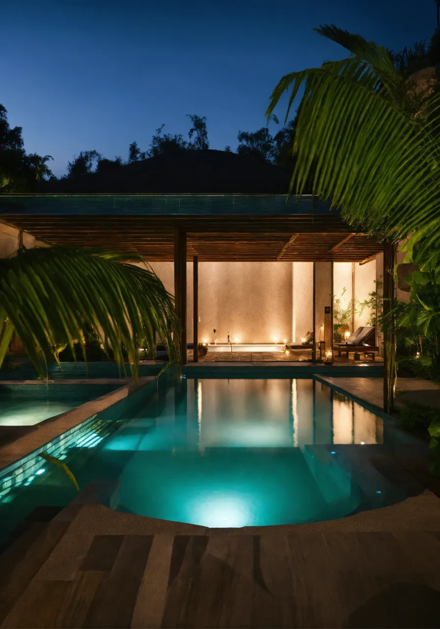 a pool surrounded by palm trees at night