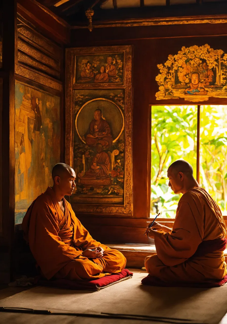 two monks sitting on the floor in front of a window