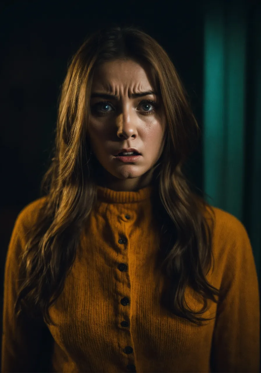 a woman with long brown hair and blue eyes expression face fear , cinematic 