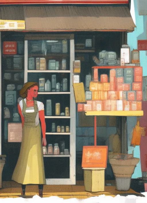 a painting of a woman standing in front of a store. shelving, shelf, retail, shipping box, building, wood, display case, window, fashion design, box