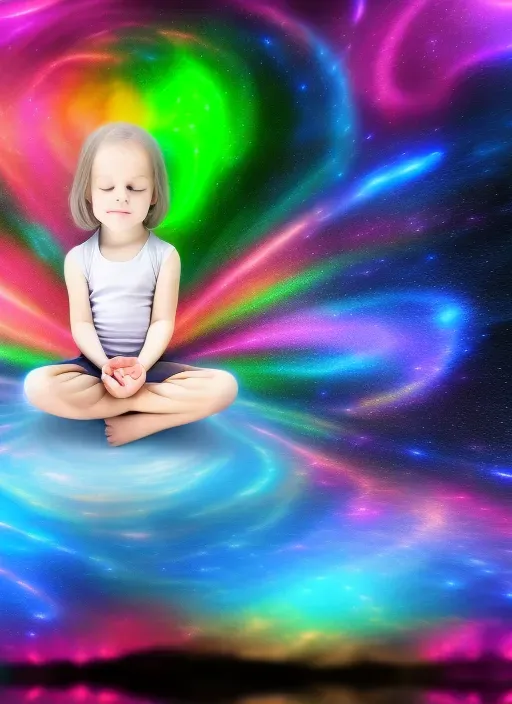 a little girl sitting in a lotus position in front of a colorful background. light, green, purple, flash photography, lighting, pink, magenta, violet, entertainment, fun