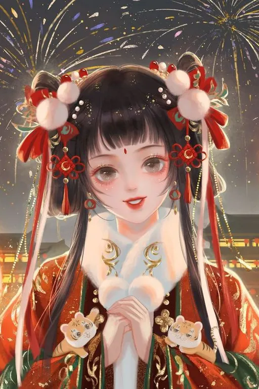 a woman in a kimono with fireworks in the background. hair, hairstyle, eyelash, dress, black hair, fawn, toy, cg artwork, long hair, beauty
