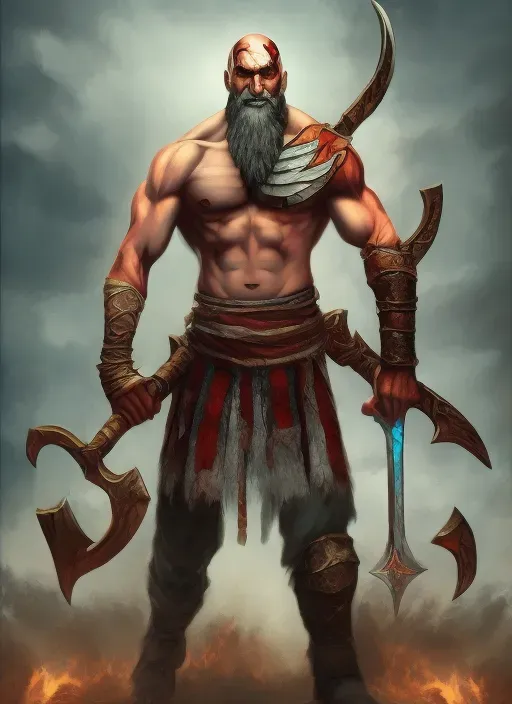 a painting of a man with a beard holding two swords
