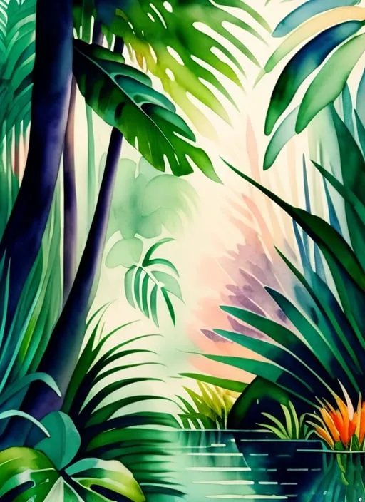 a painting of tropical plants and water