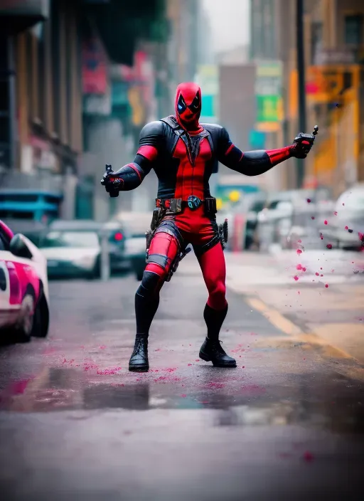 a man in a deadpool costume standing on a city street