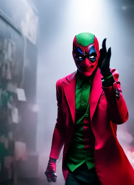 a man in a red jacket and green shirt