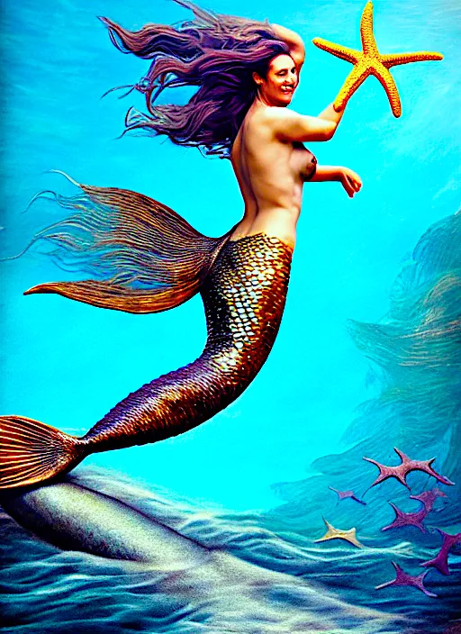 a painting of a mermaid holding a starfish