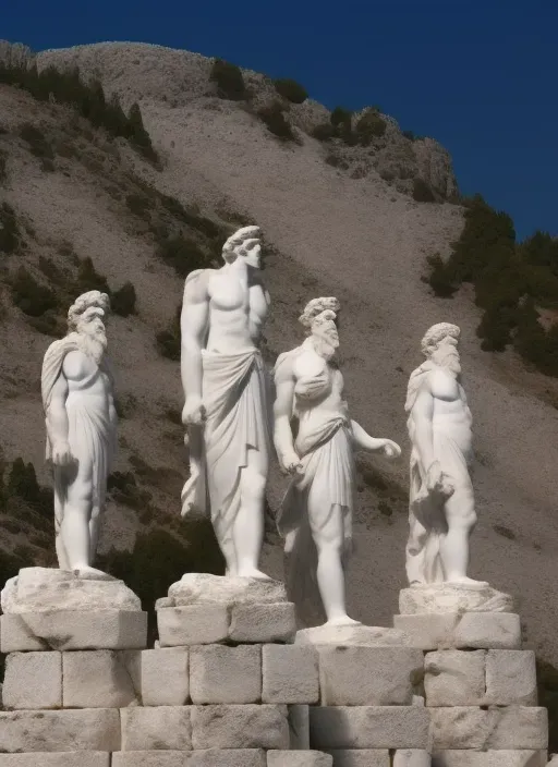 a group of statues sitting on top of a stone wall