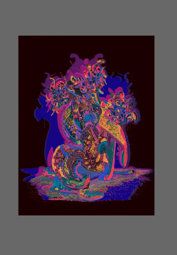 a painting of a vase with flowers in it