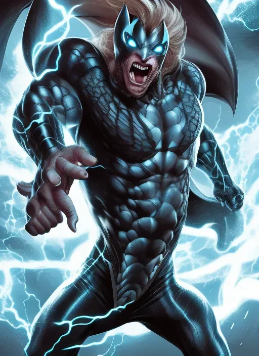 a man in a blue costume with lightning behind him