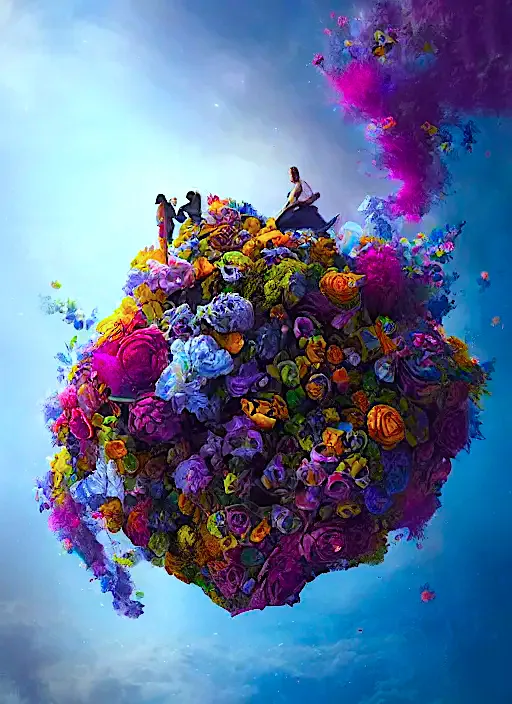 a group of people sitting on top of a colorful object