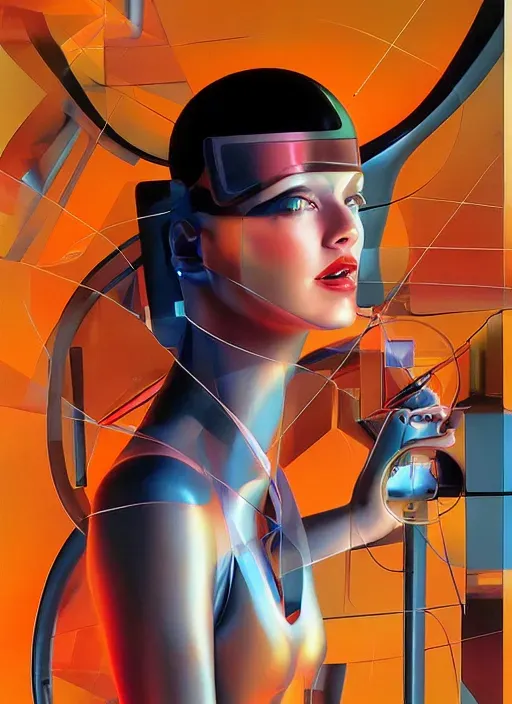 a woman in a futuristic suit holding a cell phone