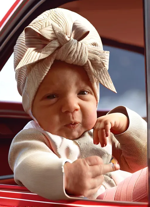 “A highly detailed and hyper realistic baby girl with a bow on her head is sitting in front of the car window and Is giving everybody outside the middlefinger and looking mad, little rebel, award-winning masterpiece photograph, baby dressed up and acting like a grown up adult, ultra funny🤡a very funny iconic baby poster, 8k octane render,